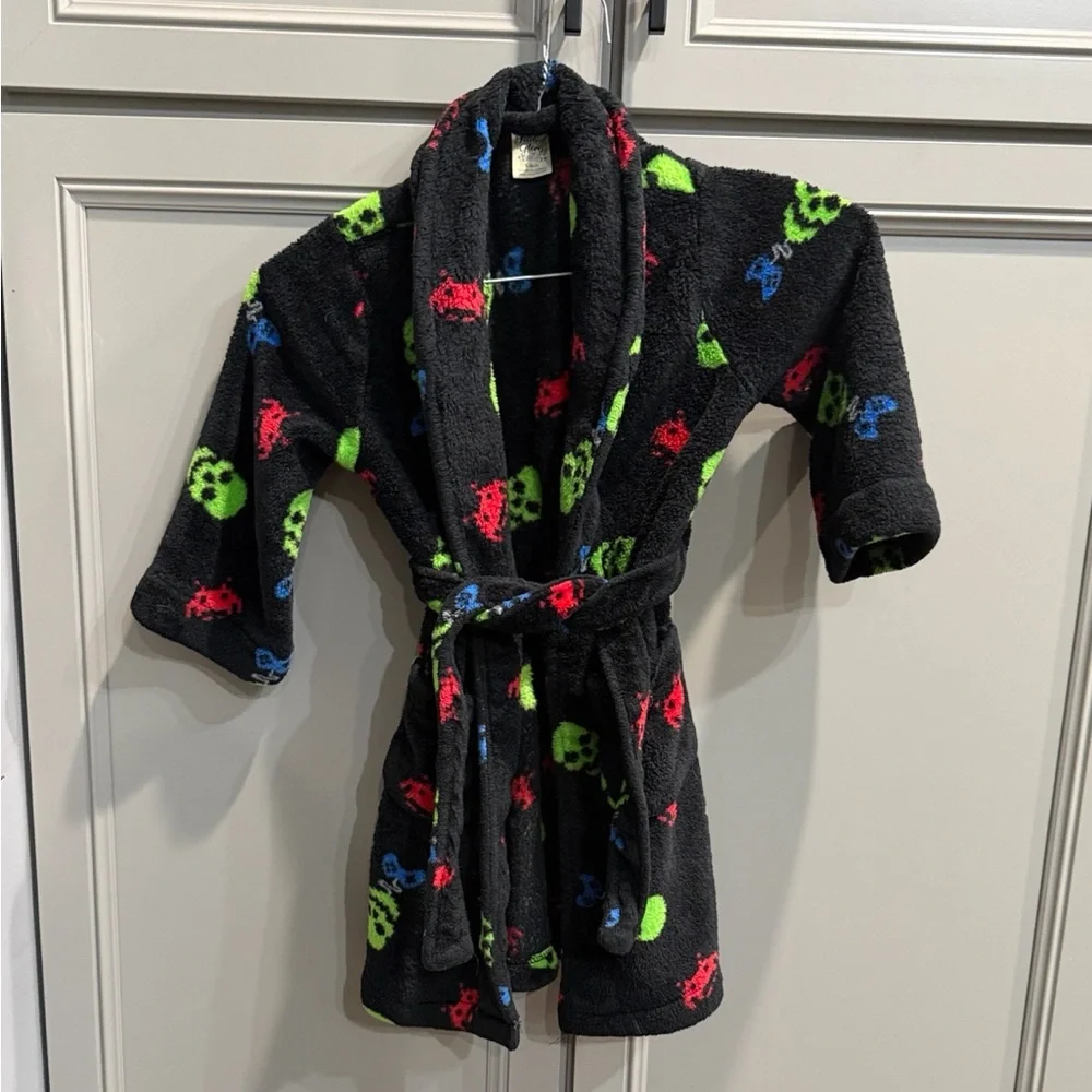 Kids Black Plush Bathrobe with Neon Skull Print